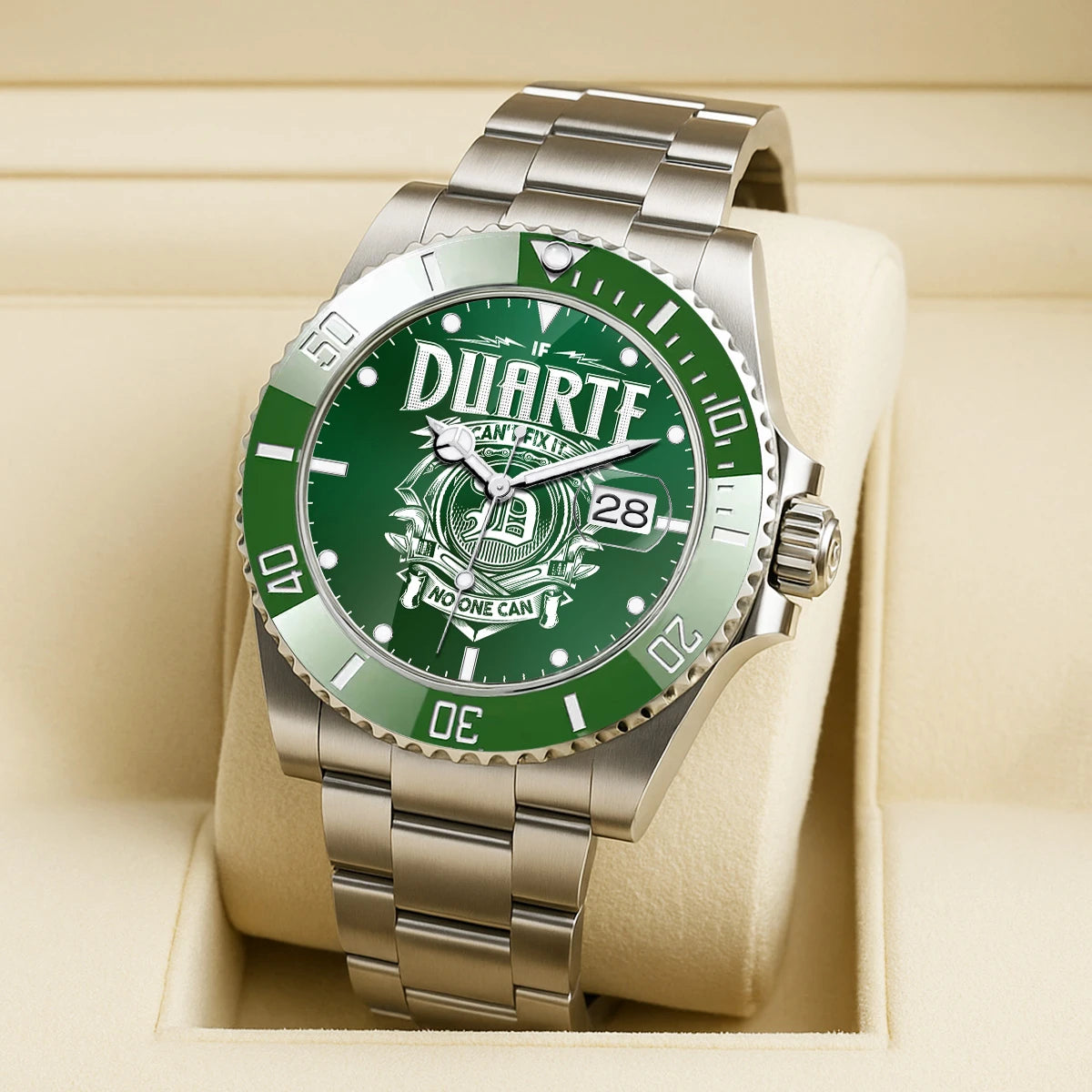 DUARTE 13K2-448 Personalized Green Watch “If ... Can’t Fix It No One Can”