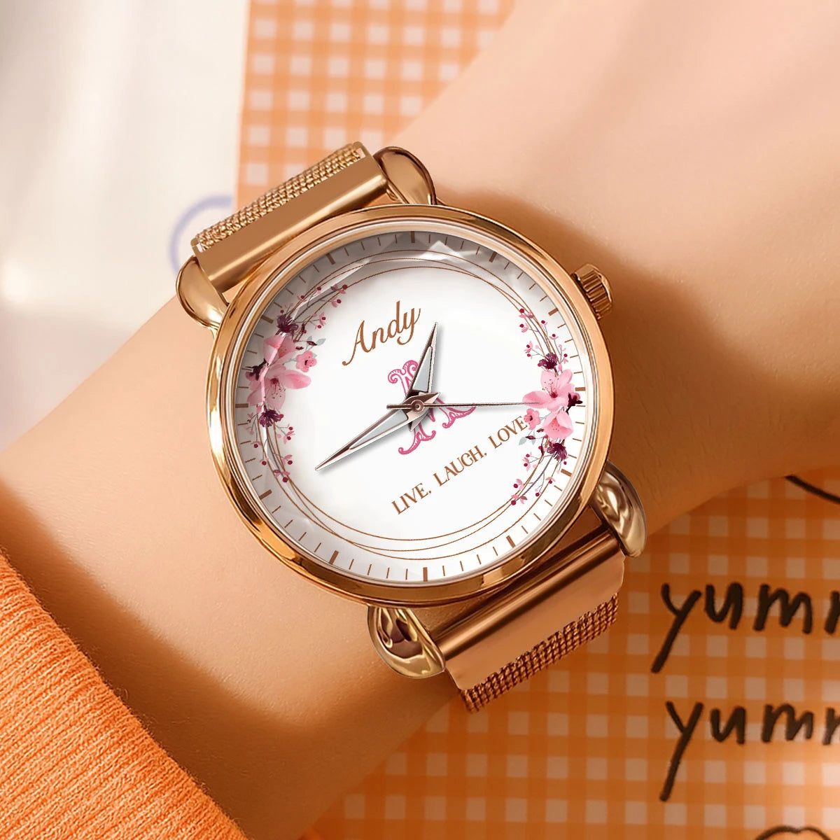 Live Laugh Love Flower Wreath Rose Golden Watch ANDY M1-W10