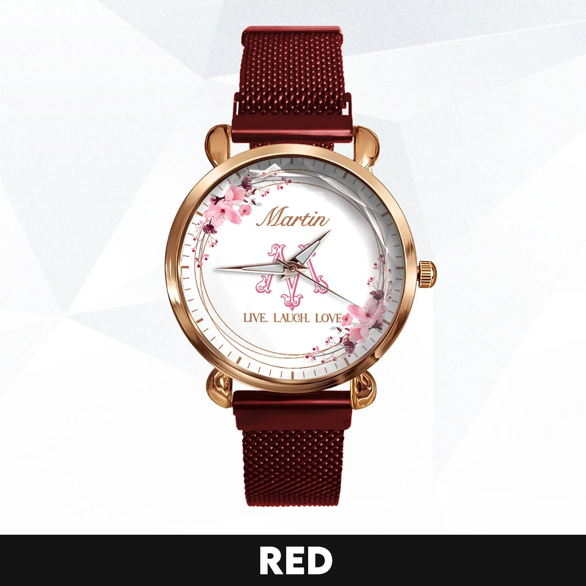 Live Laugh Love Flower Wreath Rose Golden Watch MARTIN M1-W10