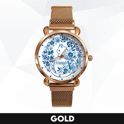FERNANDO 13K1-475 Blue Floral Cat Mesh Watch